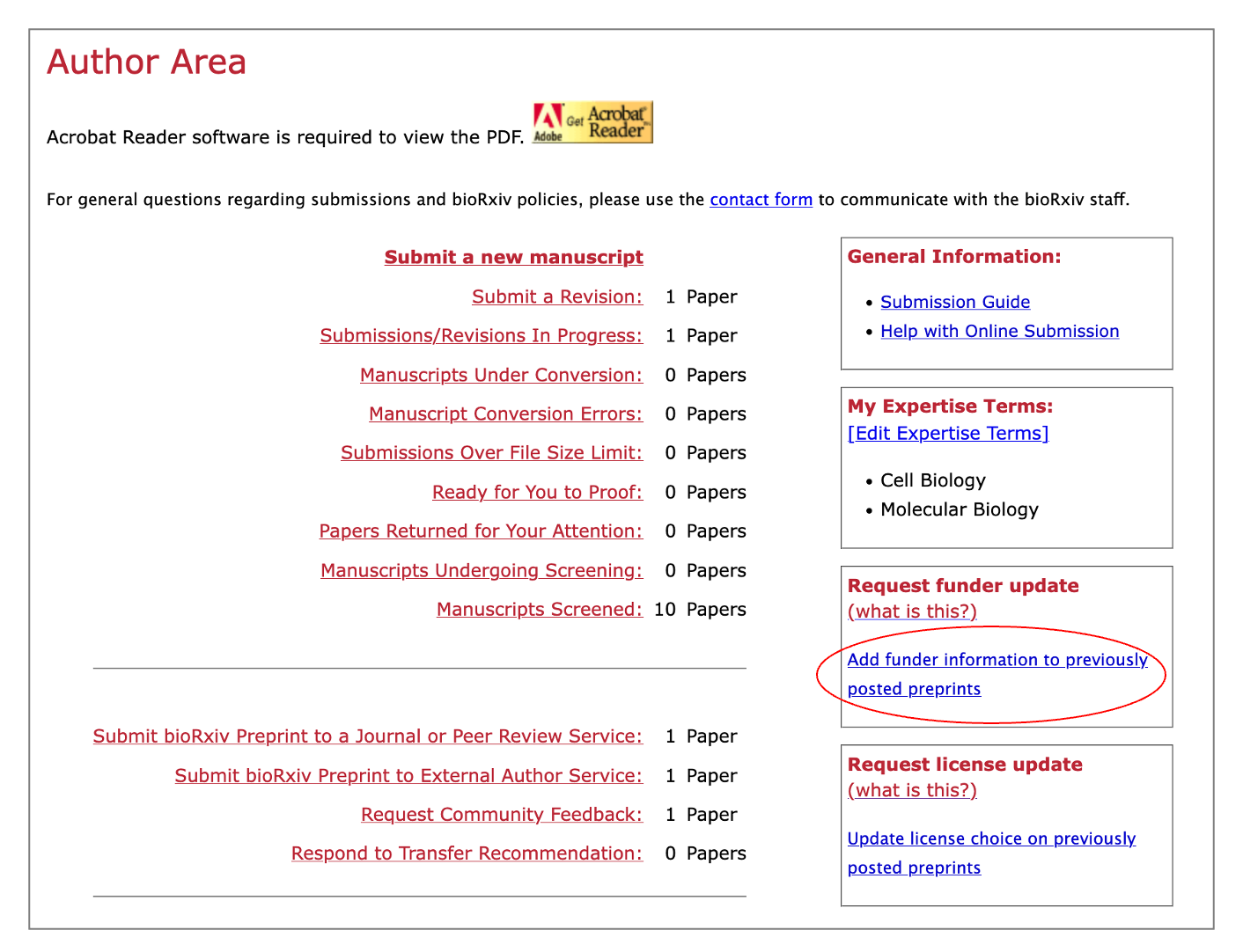Screenshot of adding funder information to previously posted preprints